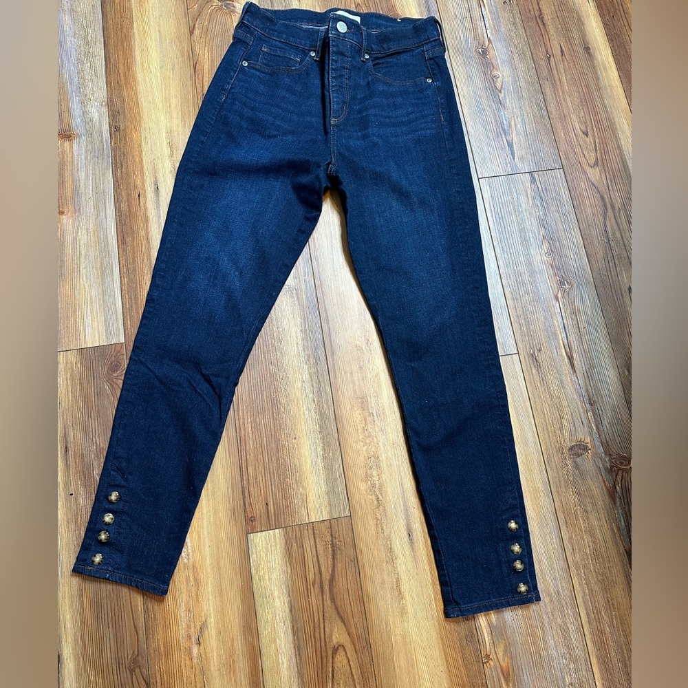 Loft dark denim five pocket tortoiseshell, button, embellished, skinny jeans